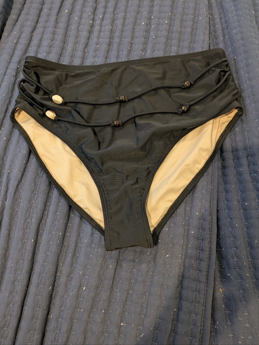 Black High-Waist Swim Bottom with Decorative Beads